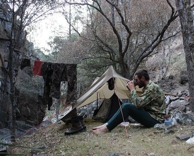 Clint at camp in a ravine on Unnamed Creek